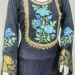 Aari and Zari Embroidered Navy Blue Kurta with Banarasi Weave
