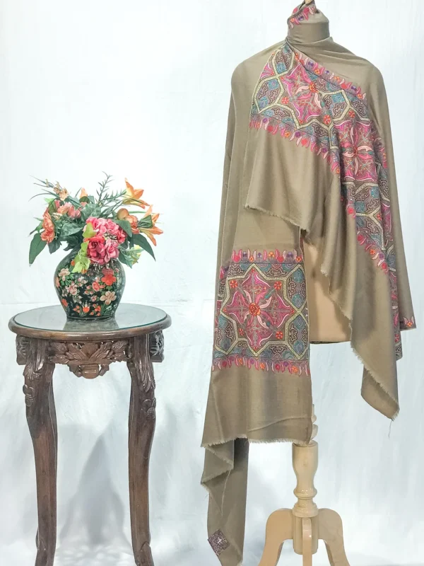 Beige Papier Mache Hand Embroidered Pure Pashmina Shawl