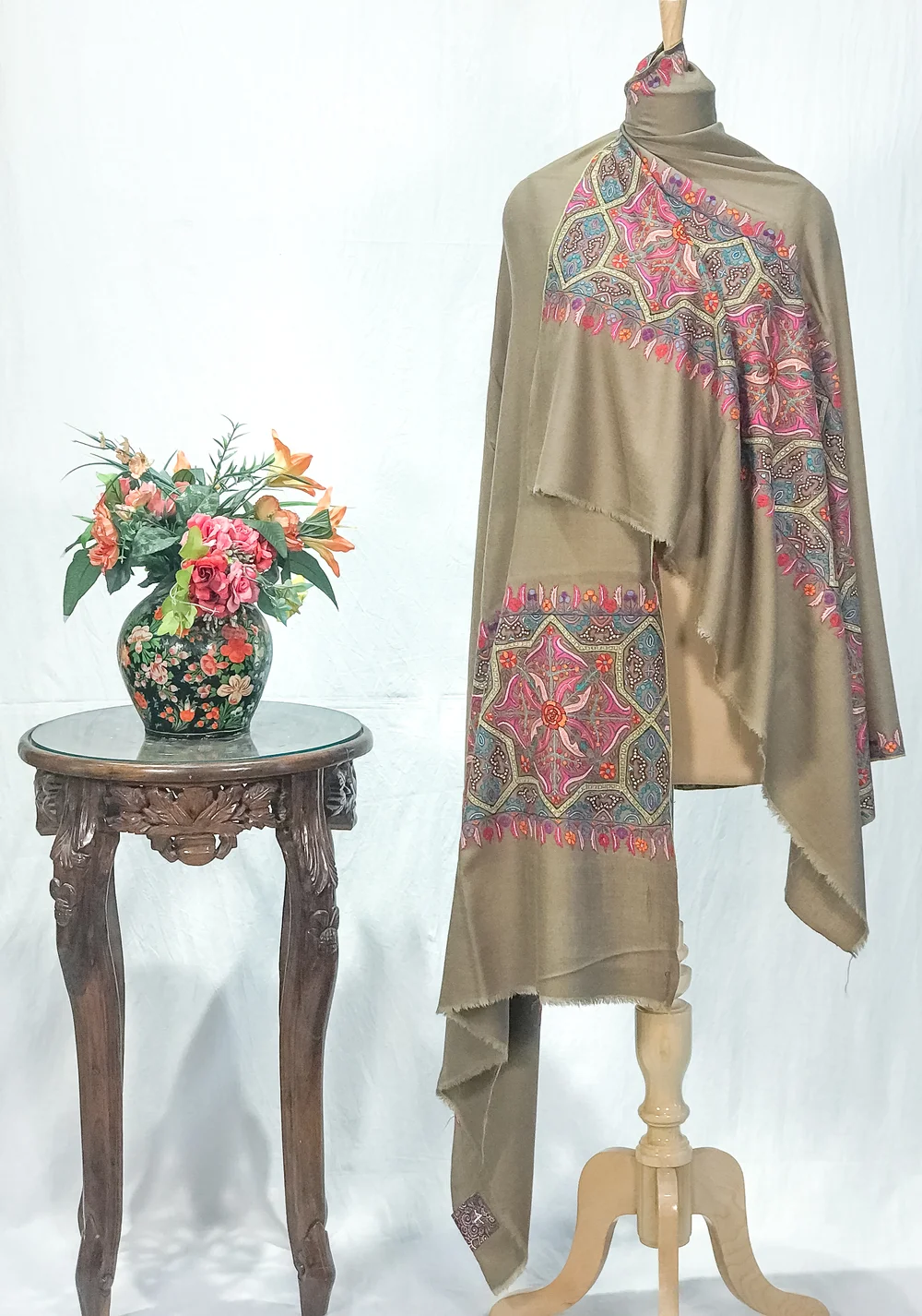 Beige Papier Mache Hand Embroidered Pure Pashmina Shawl
