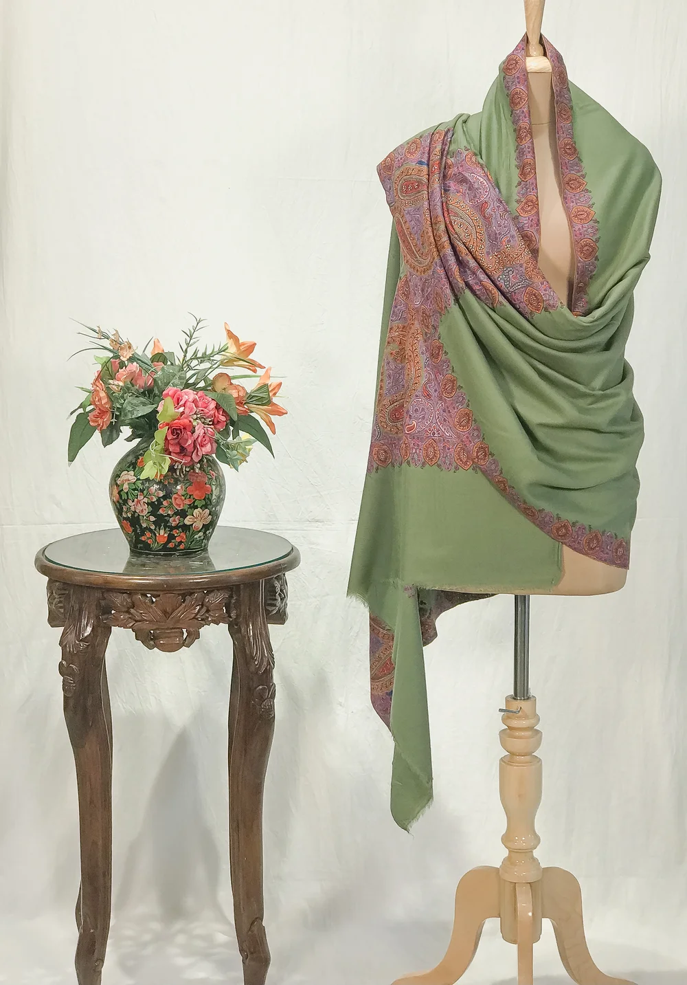 Olive Green Pure Pashmina Shawl With Sozni hand Embroidery