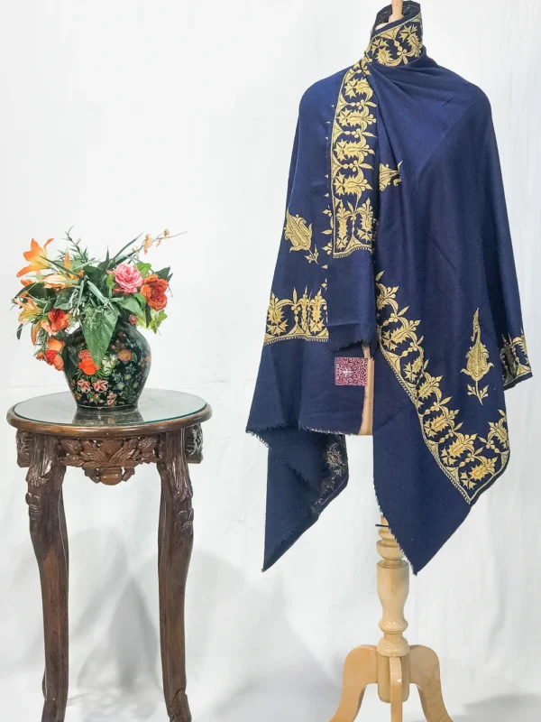 Navy Blue Pure Pashmina Shawl With Hand Tilla Embroidery