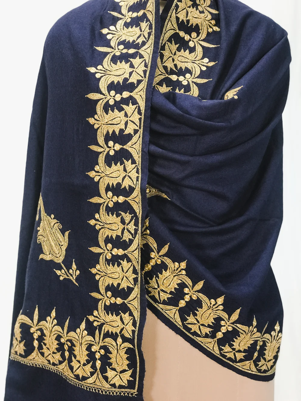 Navy Blue Pure Pashmina Shawl With Hand Tilla Embroidery front