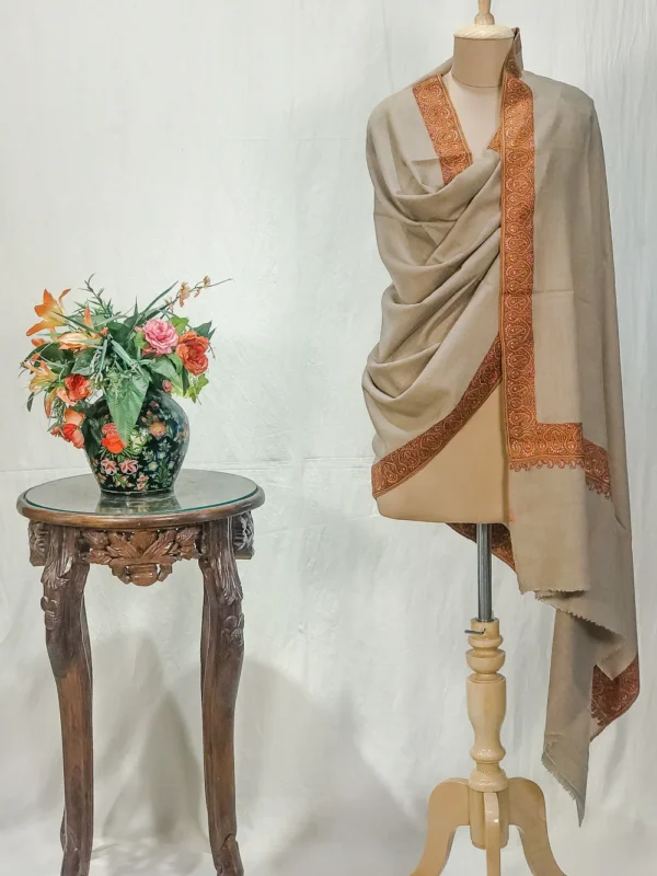 Fawn Pure Pashmina Shawl With Sozni hand Embroidery