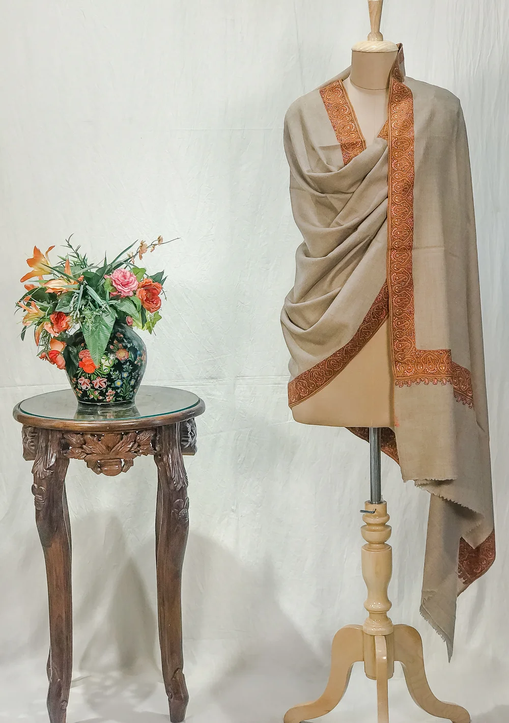 Fawn Pure Pashmina Shawl With Sozni hand Embroidery