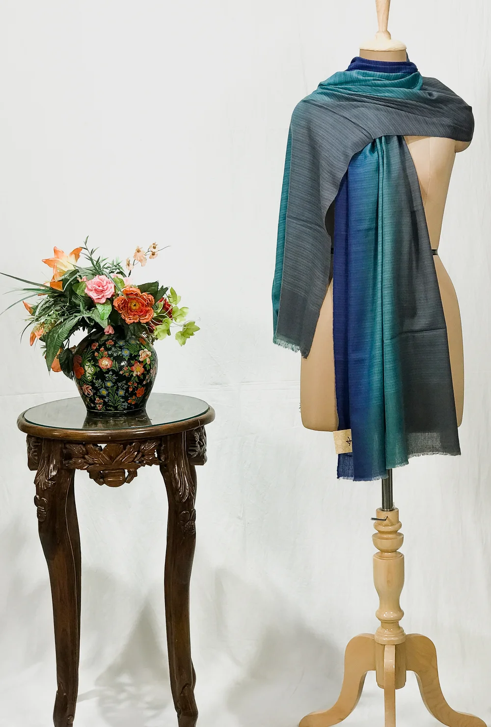 Navy Blue, Aqua Blue and Grey Ombre Pure Pashmina Scarf Navy Blue, Aqua Blue and Grey Ombre Pure Pashmina Scarf