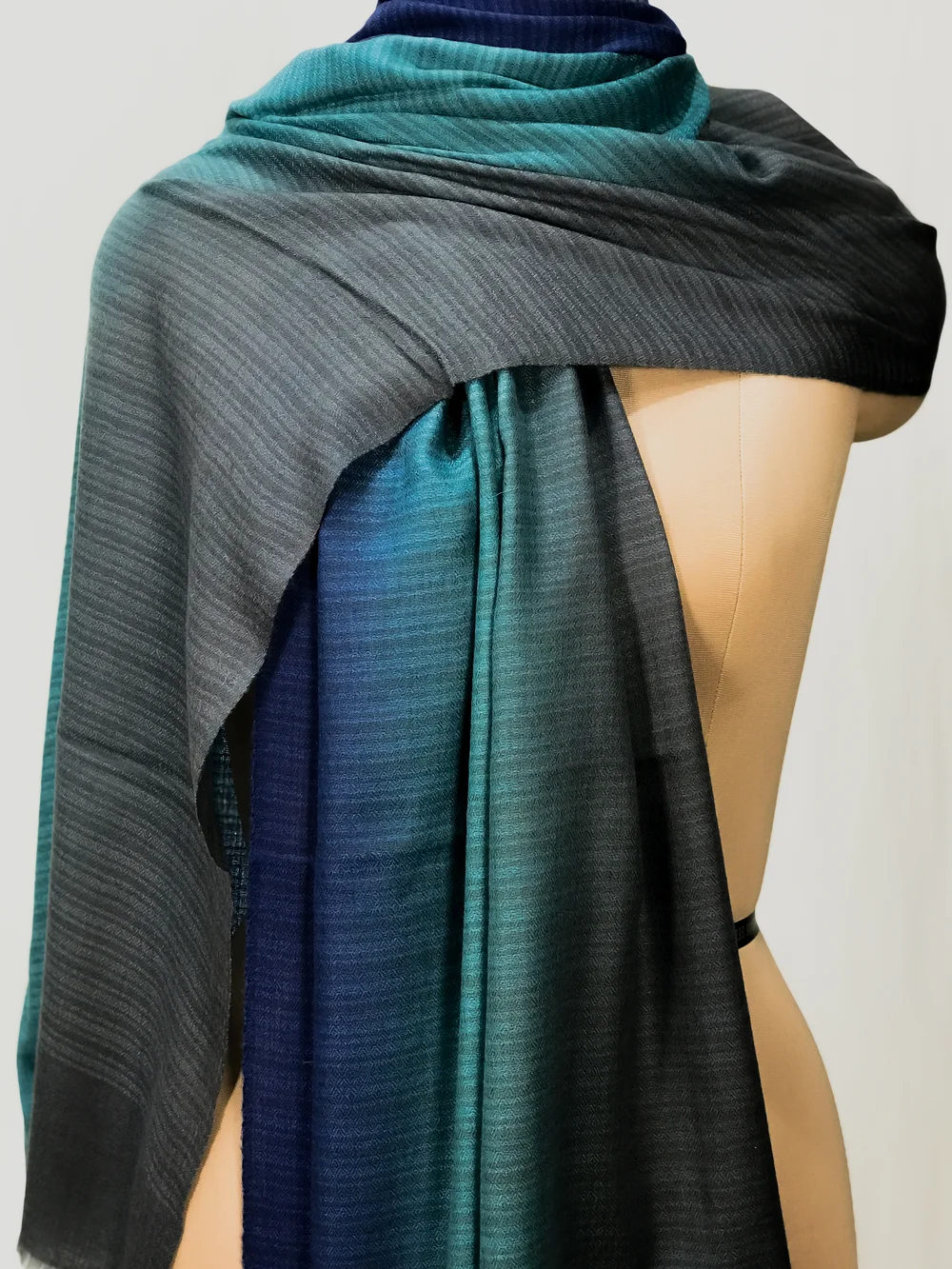 Navy Blue, Aqua Blue and Grey Ombre Pure Pashmina Scarf front Navy Blue, Aqua Blue and Grey Ombre Pure Pashmina Scarf front