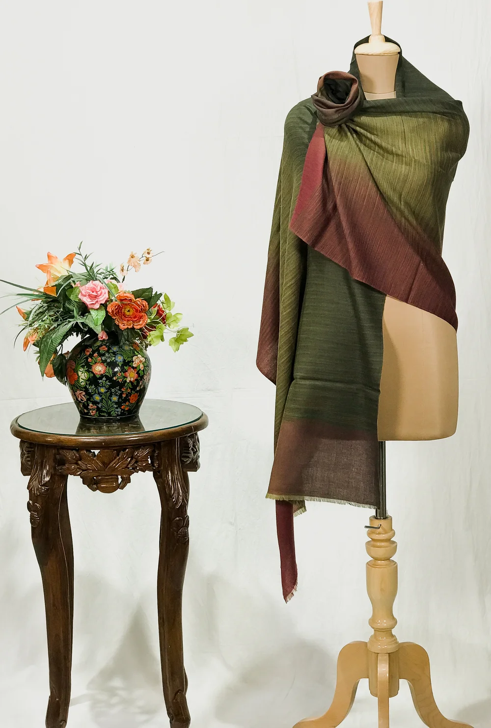 Dark Green, Olive Green and Maroon Ombre Pure Pashmina Scarf