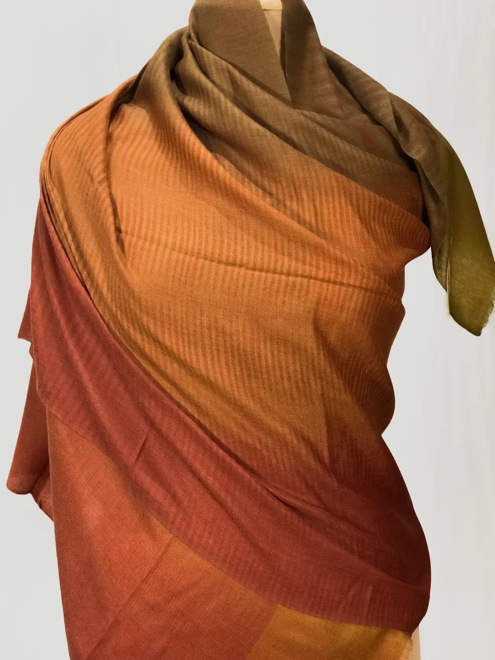 Green, Rust and Maroon Ombre Pure Pashmina Scarf front Green, Rust and Maroon Ombre Pure Pashmina Scarf front