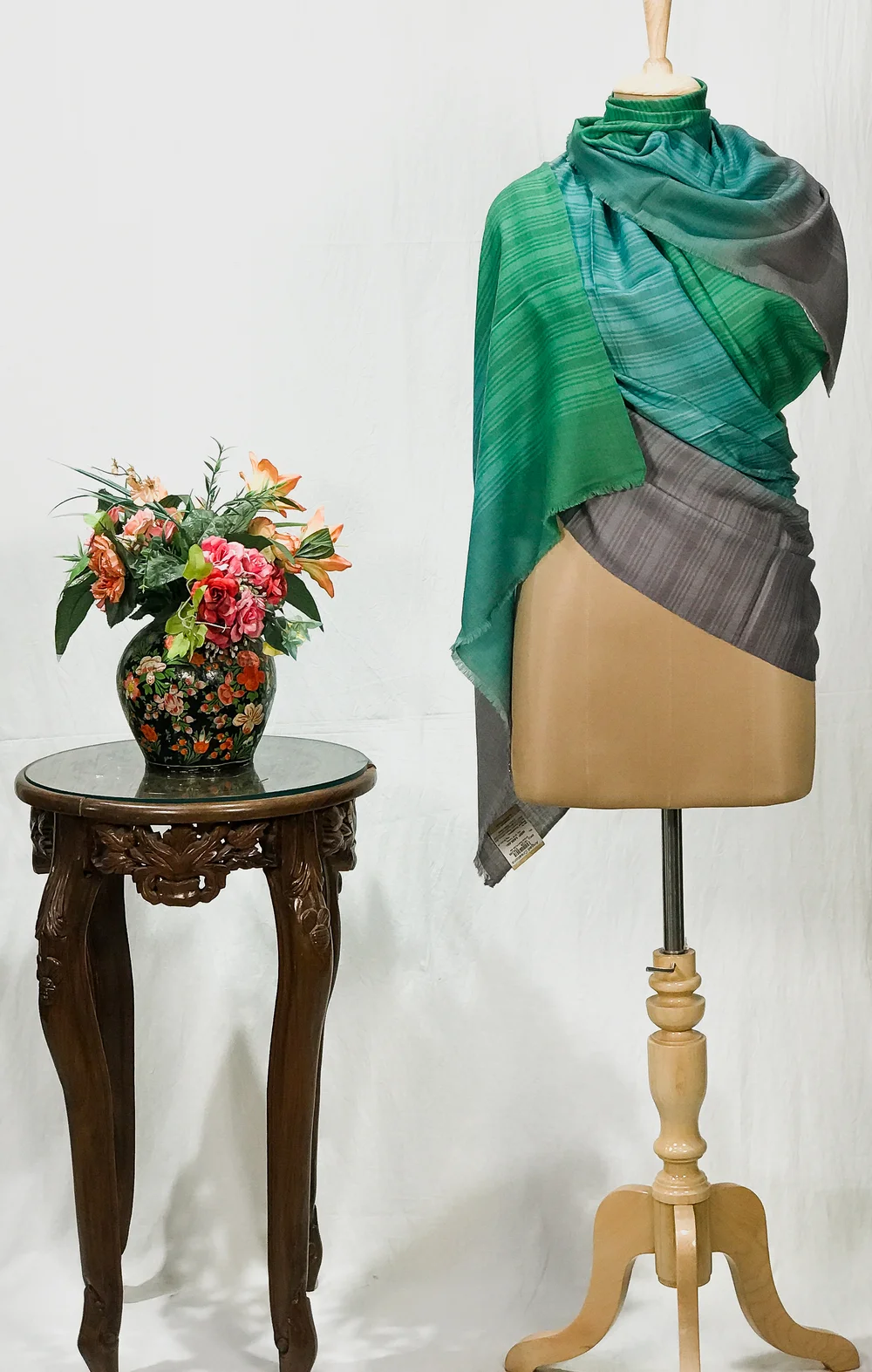 Grey, Blue and Green Ombre Pure Pashmina Scarf