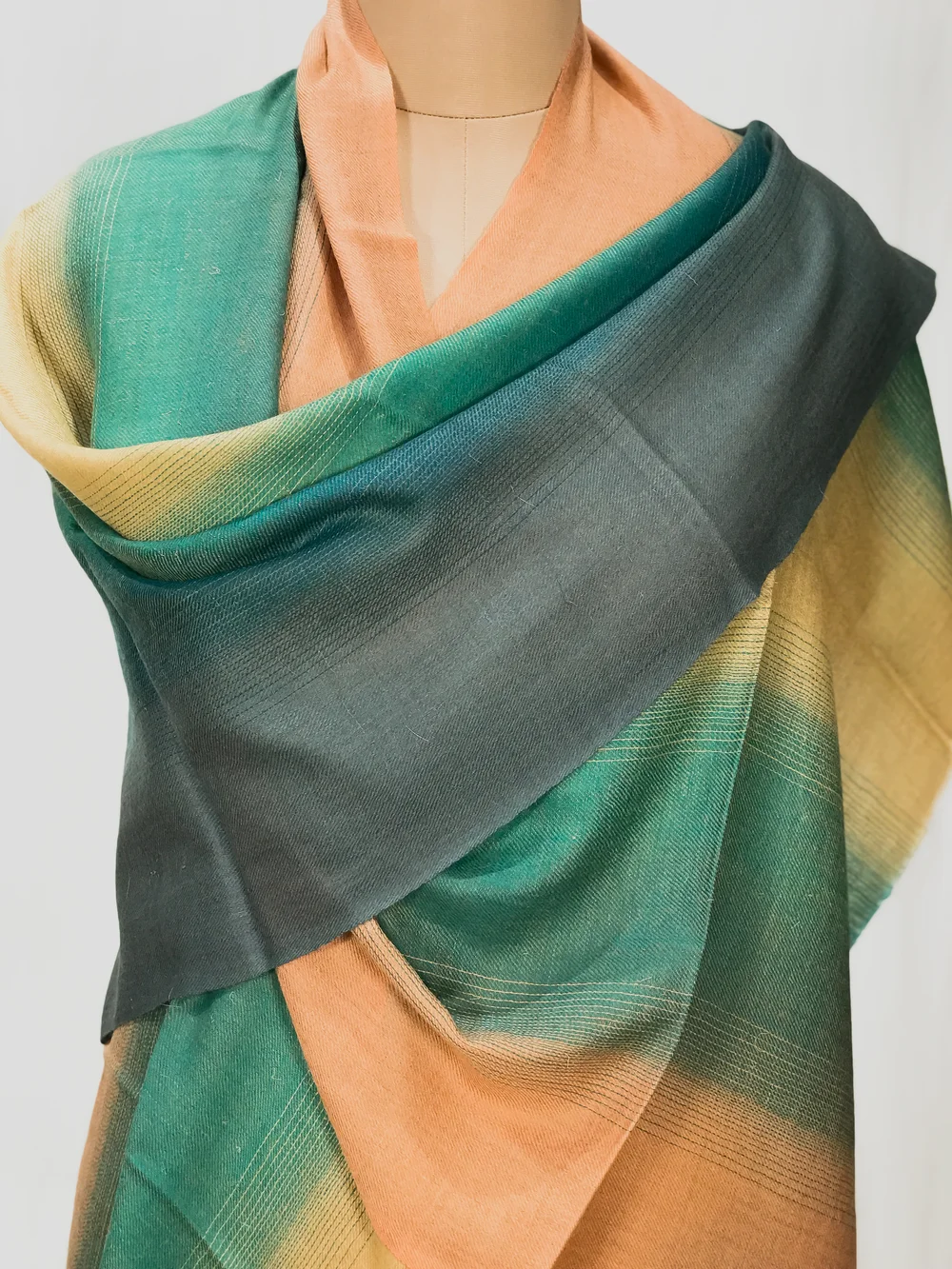 Grey, Green, Beige and Peach Ombre Pure Pashmina Scarf front Grey, Green, Beige and Peach Ombre Pure Pashmina Scarf front