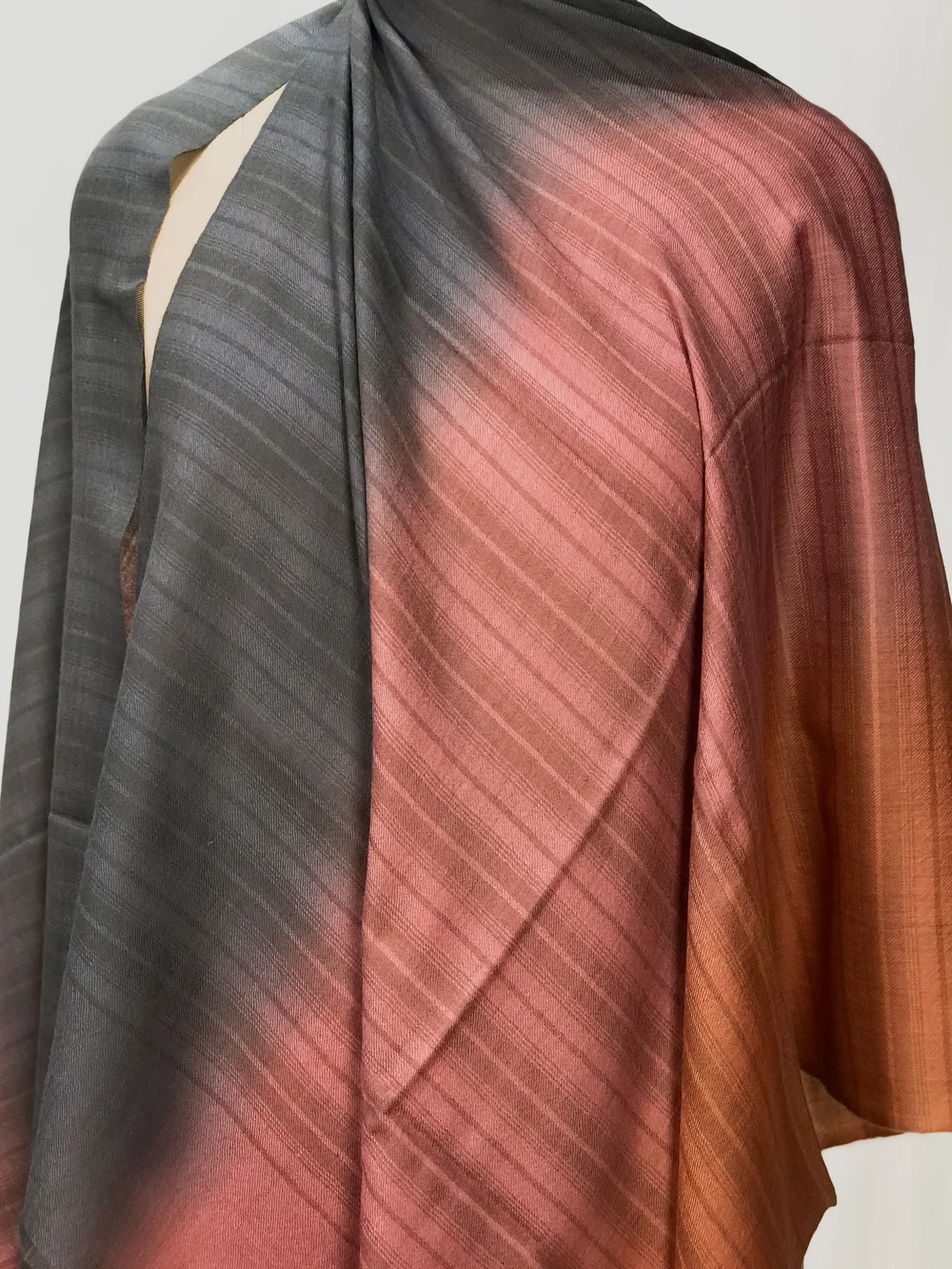 Grey, Pink and Peach Ombre Pure Pashmina Scarf front Grey, Pink and Peach Ombre Pure Pashmina Scarf front