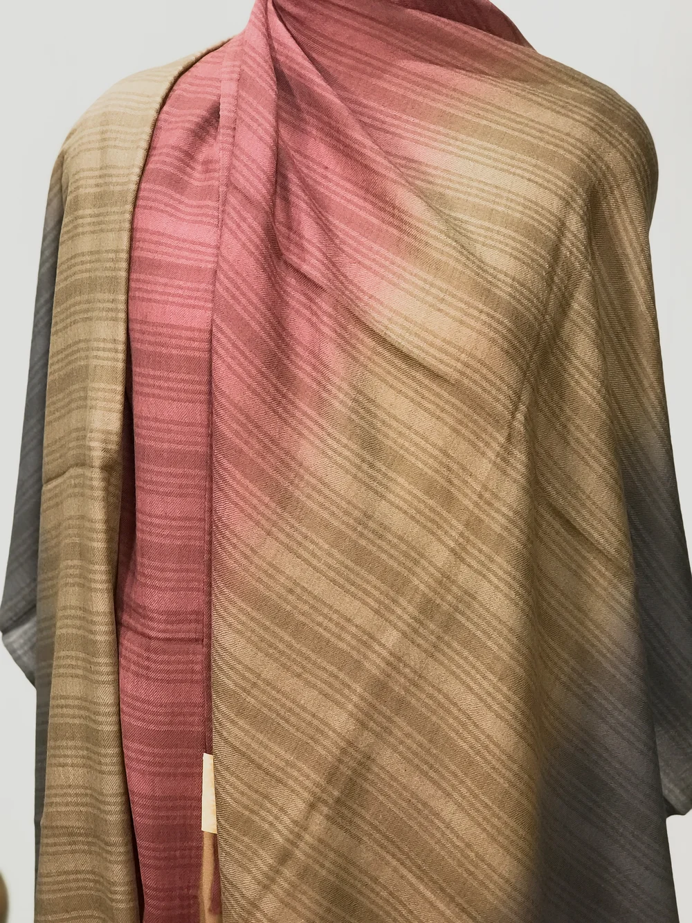 Pink, Natural and Grey Ombre Pure Pashmina Scarf front Pink, Natural and Grey Ombre Pure Pashmina Scarf front