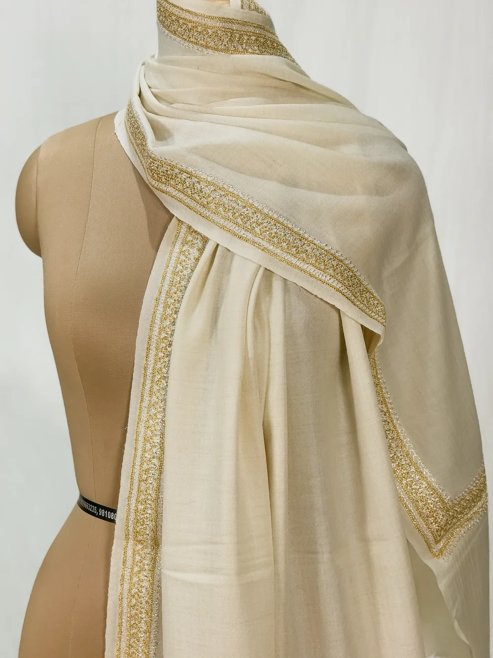 Off-White Pure Pashmina Stole with Tilla Hand Work front Off-White Pure Pashmina Stole with Tilla Hand Work front