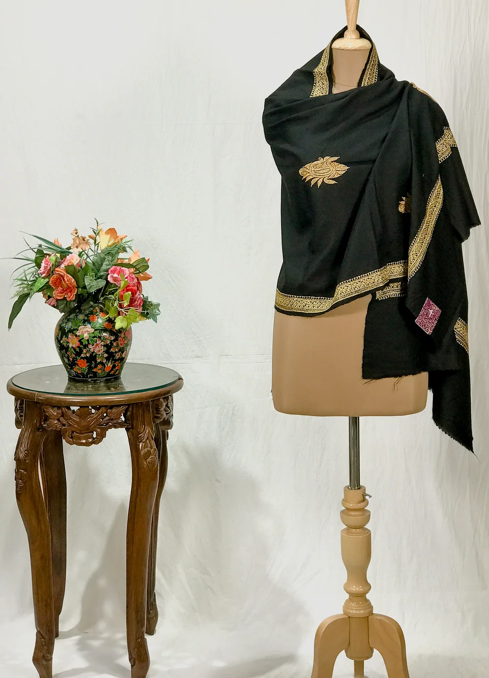 Deep Black Pure Pashmina Stole with Tilla Hand Work