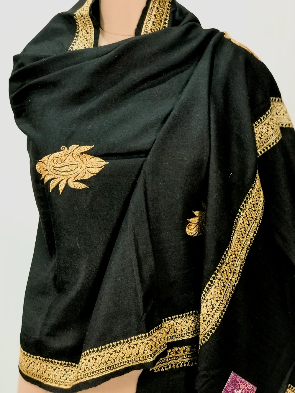 Deep Black Pure Pashmina Stole with Tilla Hand Work front