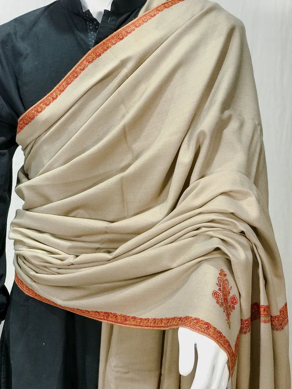 Natural Pure Pashmina Shawl With Sozni Hand Embroidery front Natural Pure Pashmina Shawl With Sozni Hand Embroidery front