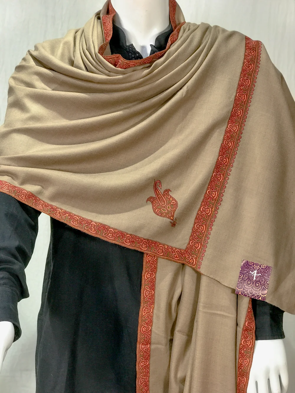 Beige Pure Pashmina Shawl With Sozni Hand Embroidery front