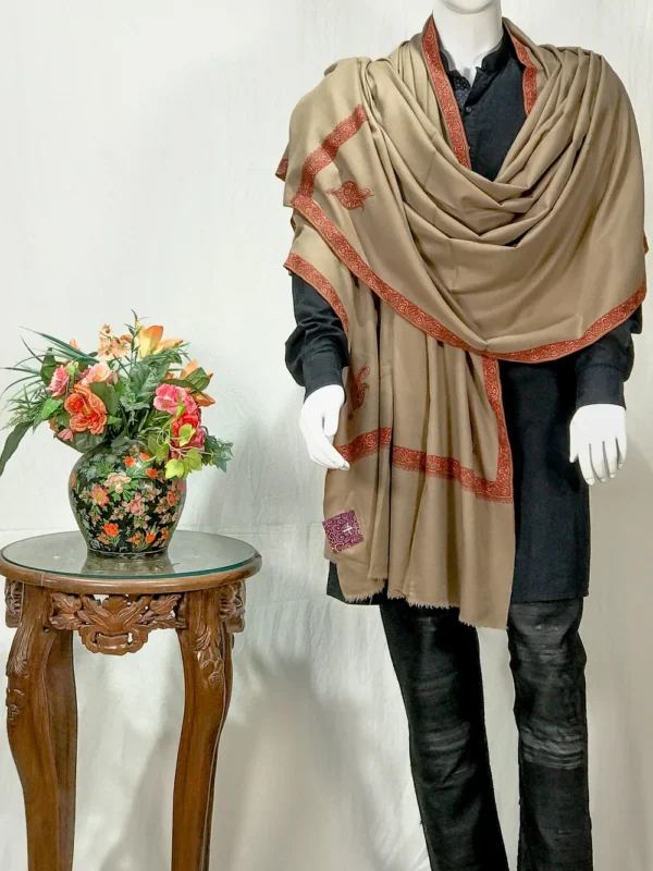 Beige Pure Pashmina Shawl With Sozni Hand Embroidery