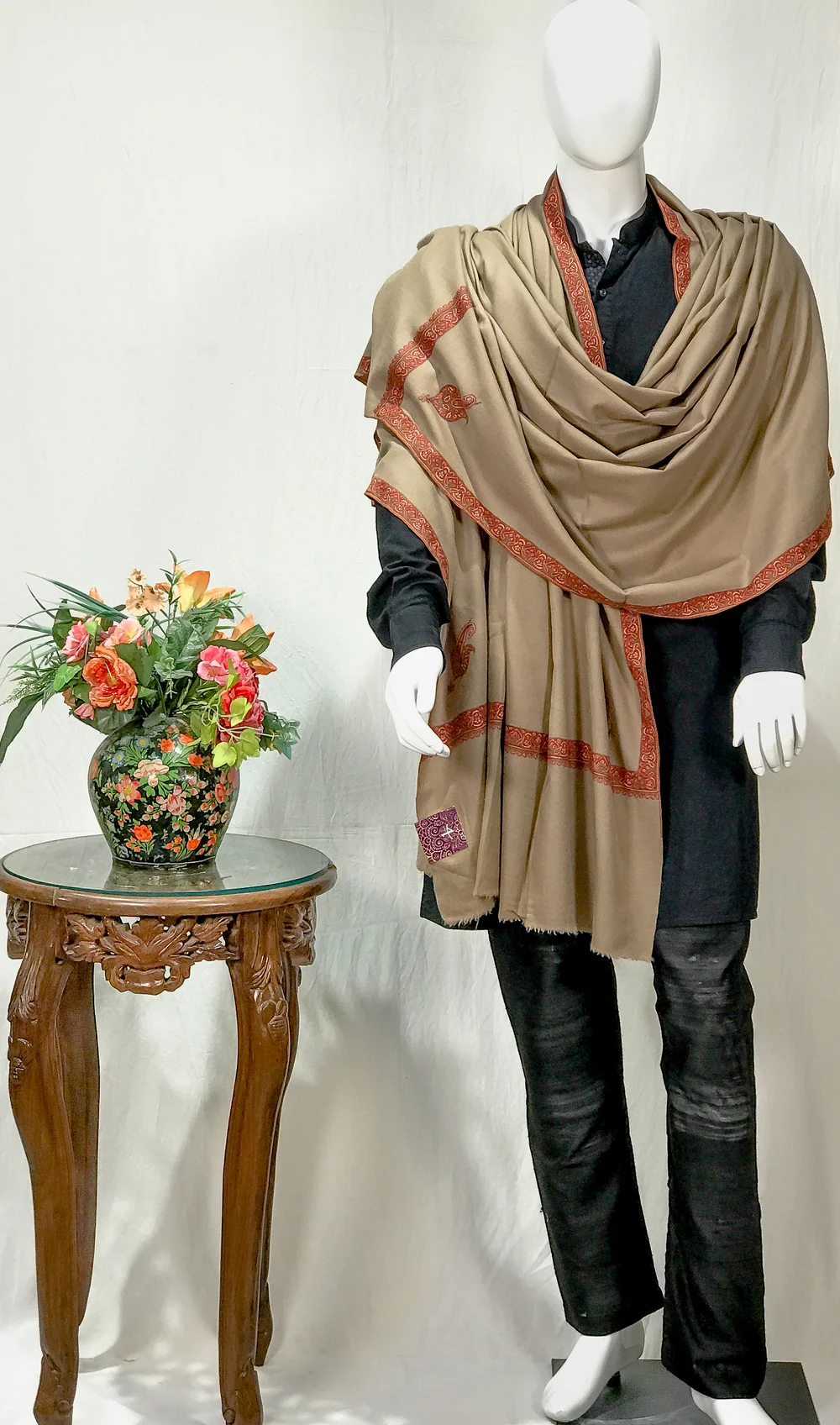 Beige Pure Pashmina Shawl With Sozni Hand Embroidery