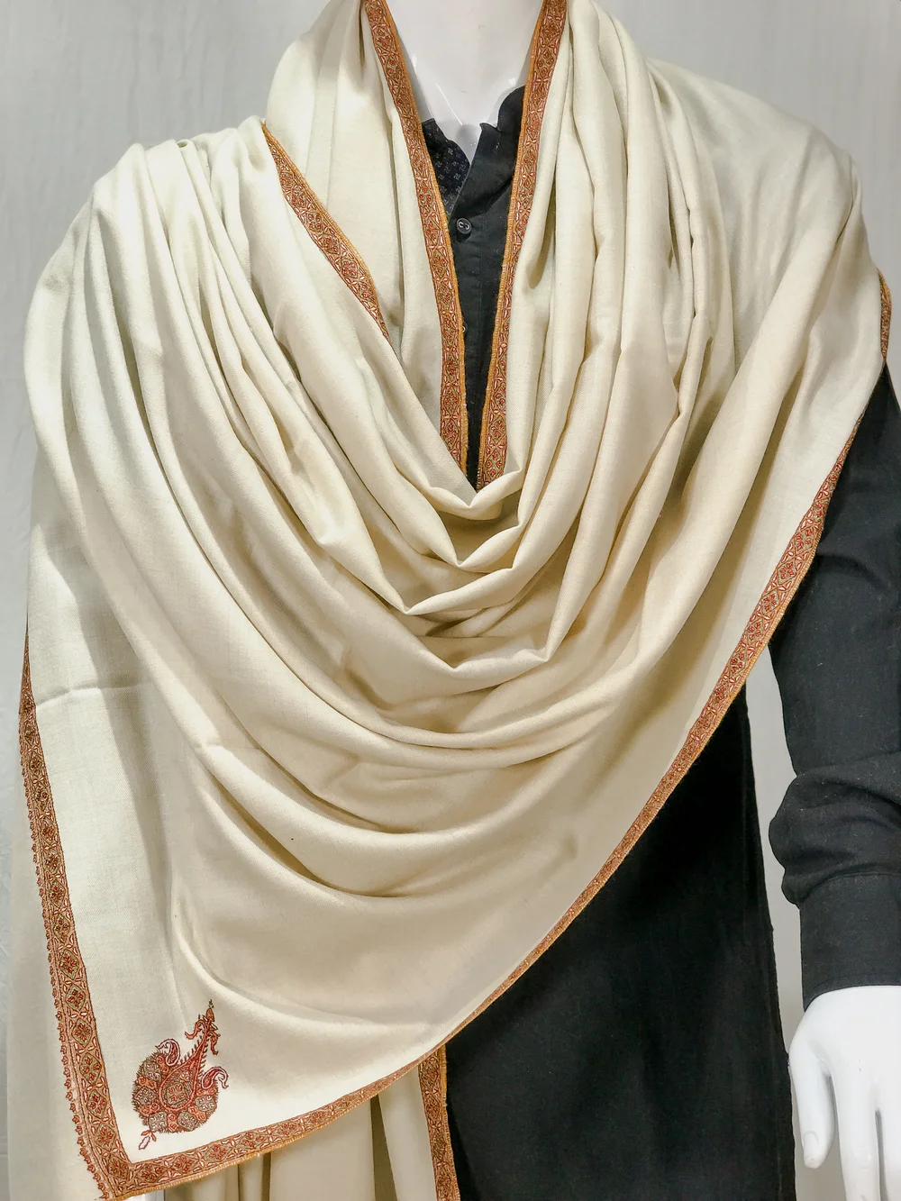 Cream Pure Pashmina Shawl With Sozni Hand Embroidery front
