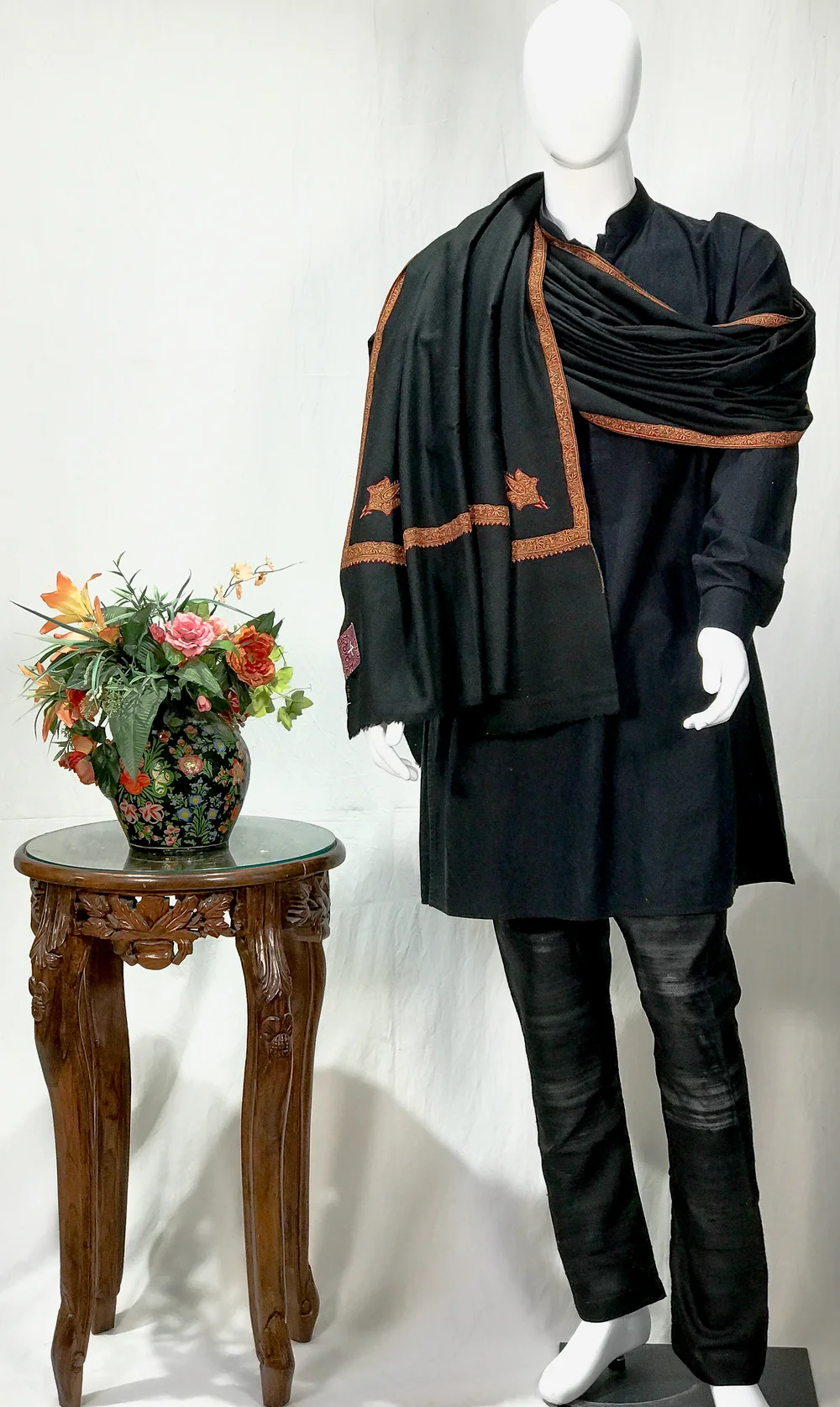 Black Pure Pashmina Shawl With Intricate Sozni Hand Embroidery