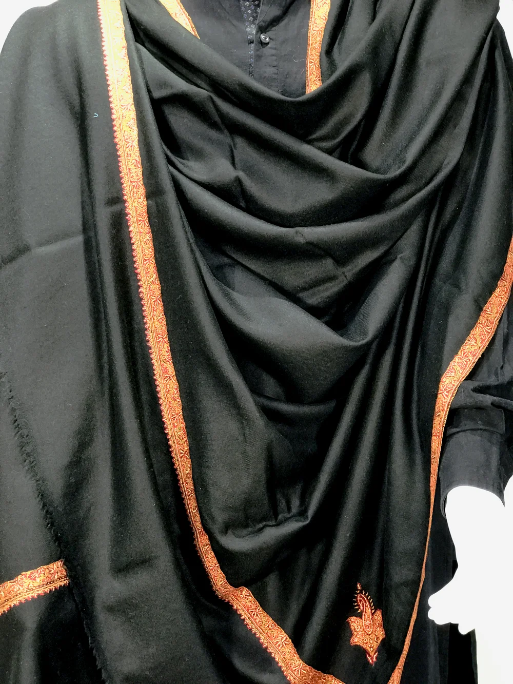 Black Pure Pashmina Shawl With Intricate Sozni Hand Embroidery front