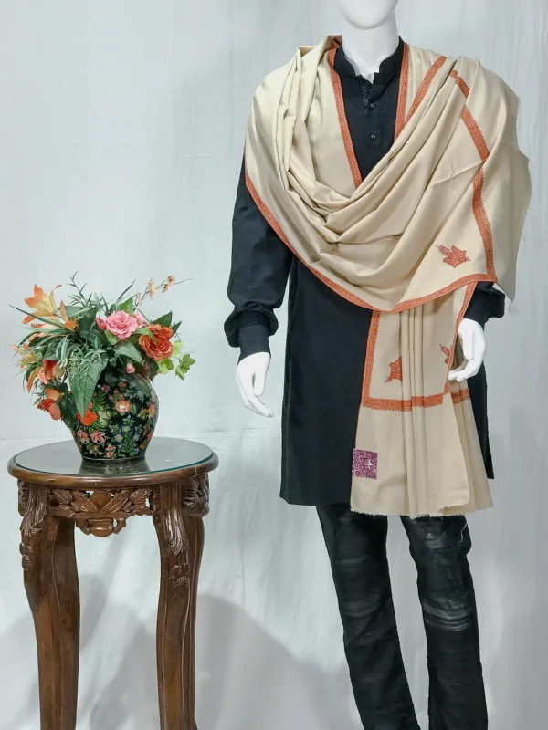 Beige Pure Pashmina Shawl With Intricate Sozni Hand Embroidery