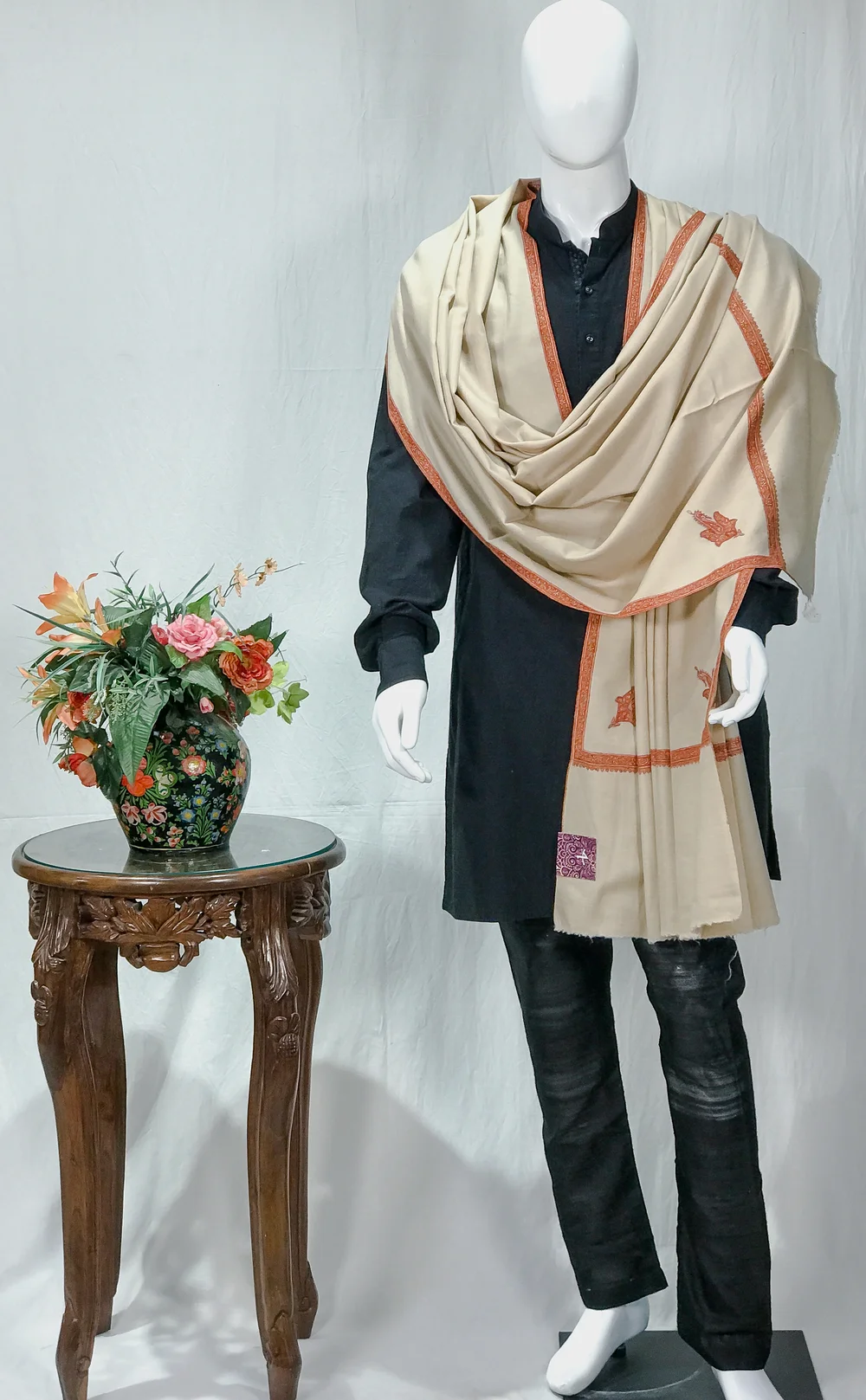 Beige Pure Pashmina Shawl With Intricate Sozni Hand Embroidery