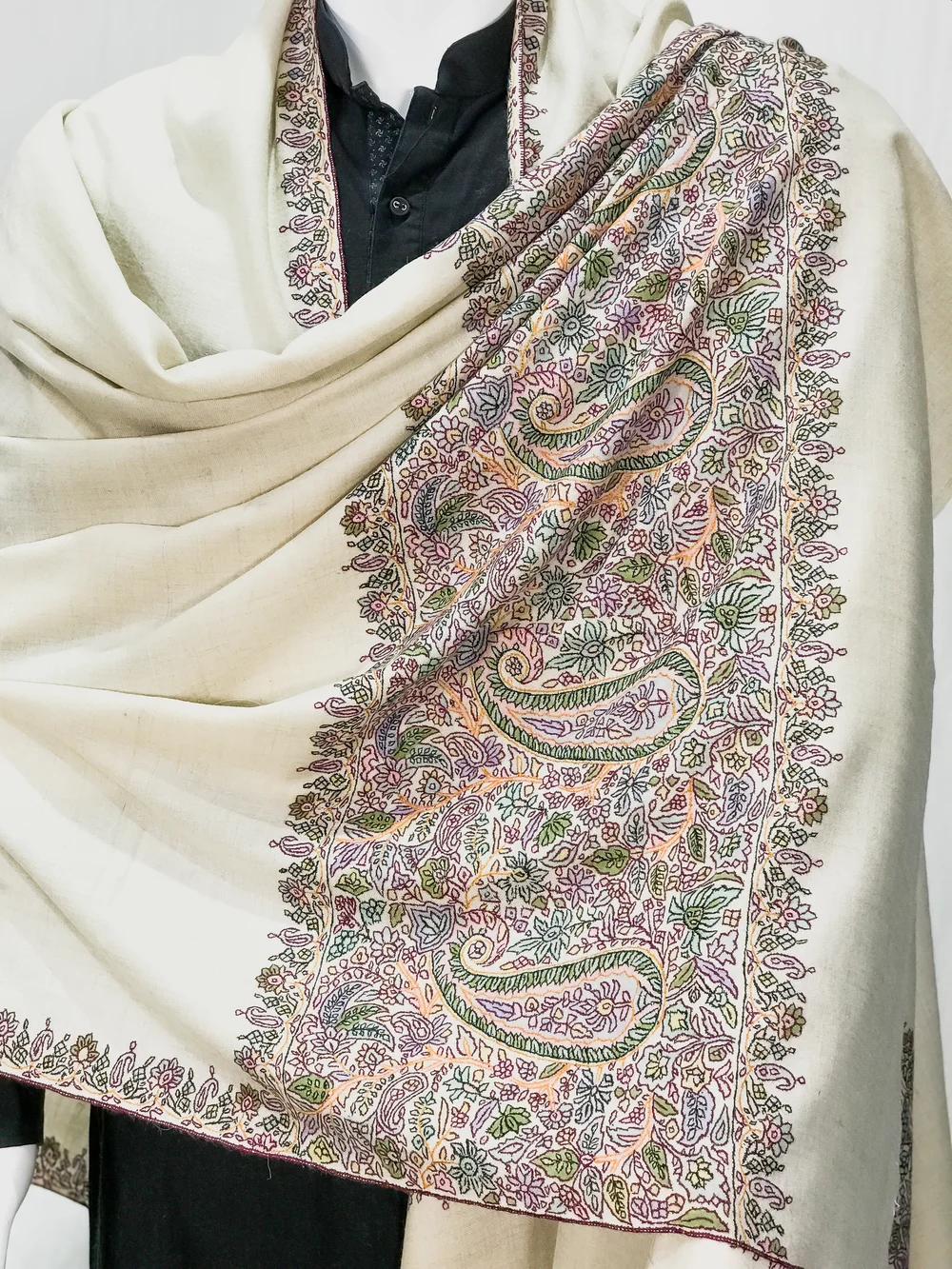 Cream Pure Pashmina Shawl With Hand Embroidered Sozni Palla front