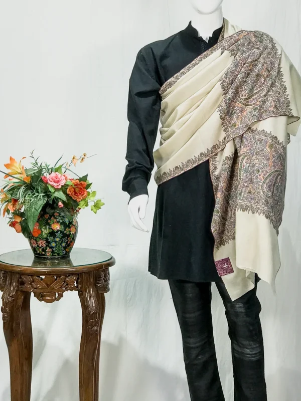 Cream Pure Pashmina Shawl With Hand Embroidered Sozni Palla