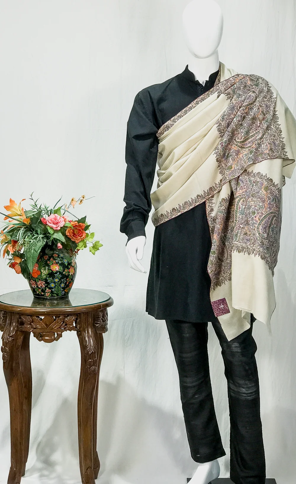 Cream Pure Pashmina Shawl With Hand Embroidered Sozni Palla