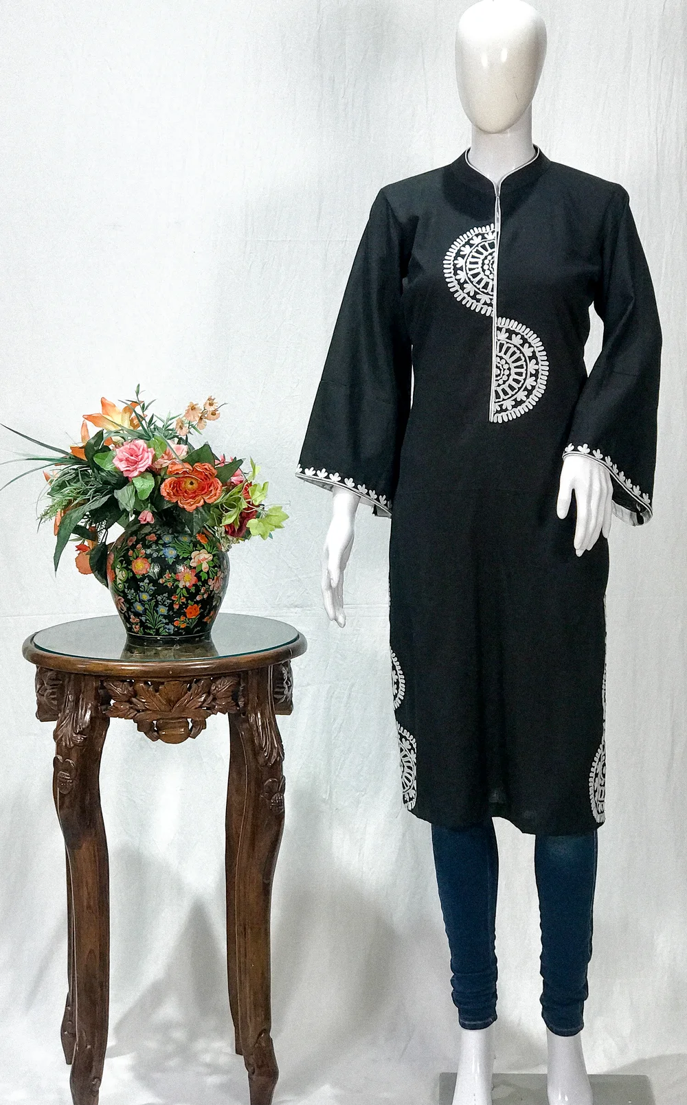 Black Cotton Kurti with Kashmiri Aari Embroidery