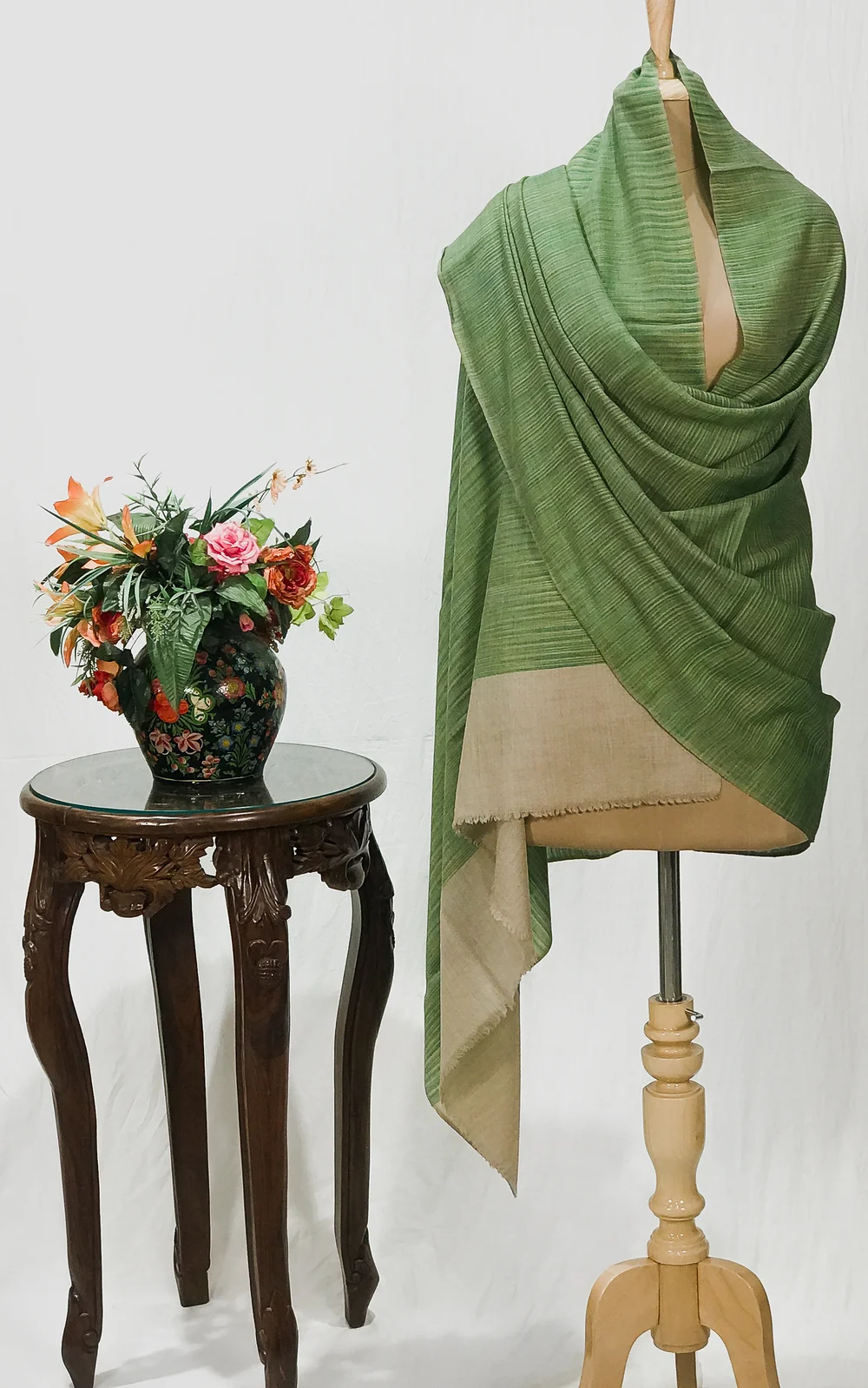 Beige and Green Space Dye Pure Pashmina Shawl Beige and Green Space Dye Pure Pashmina Shawl