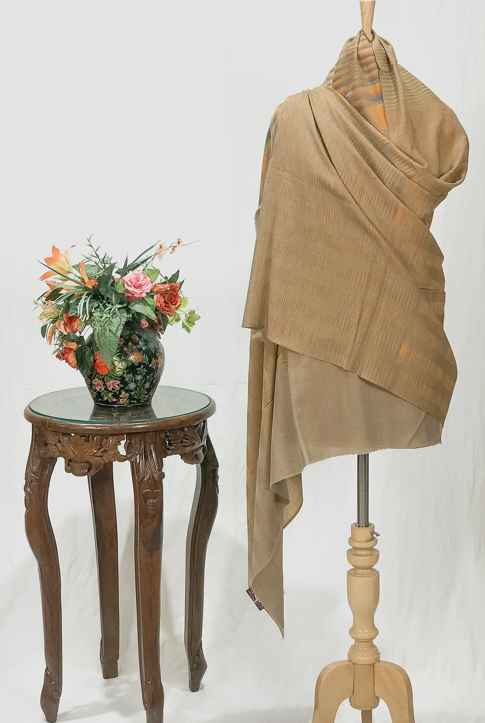 Beige Base and Multi-Colour Space Dye Pure Pashmina Shawl