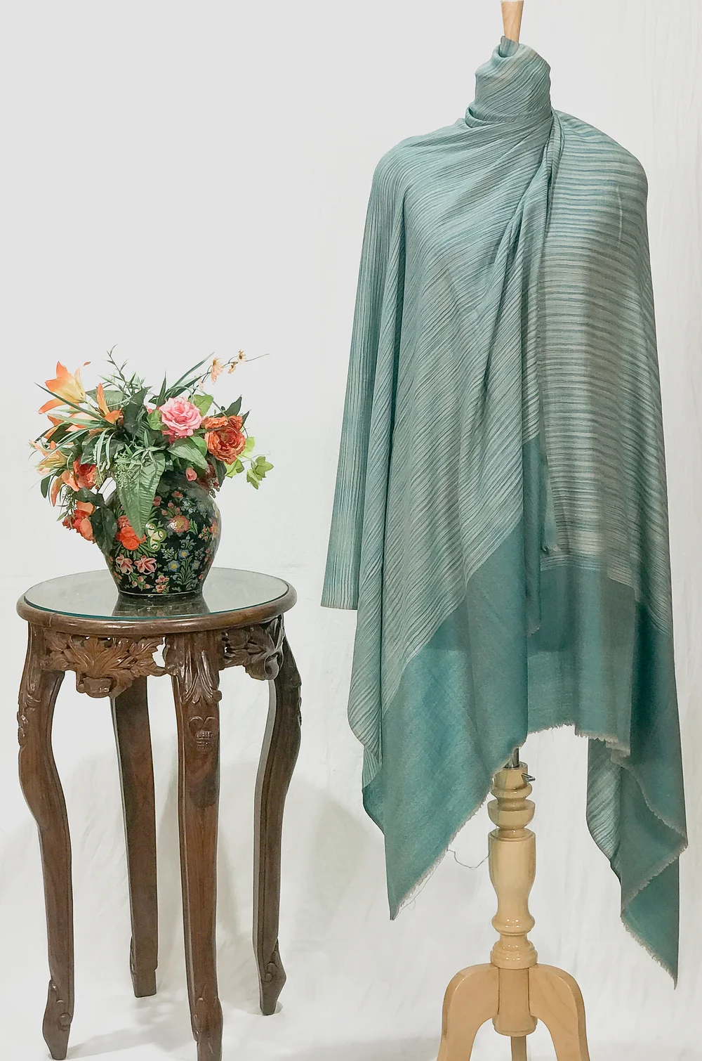 Beige and Aqua Green Space Dye Pure Pashmina Shawl