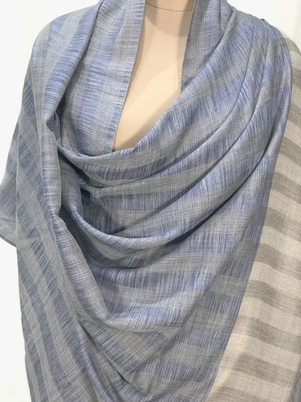 Natural and Blue Space Dye Pure Pashmina Shawl front Natural and Blue Space Dye Pure Pashmina Shawl front
