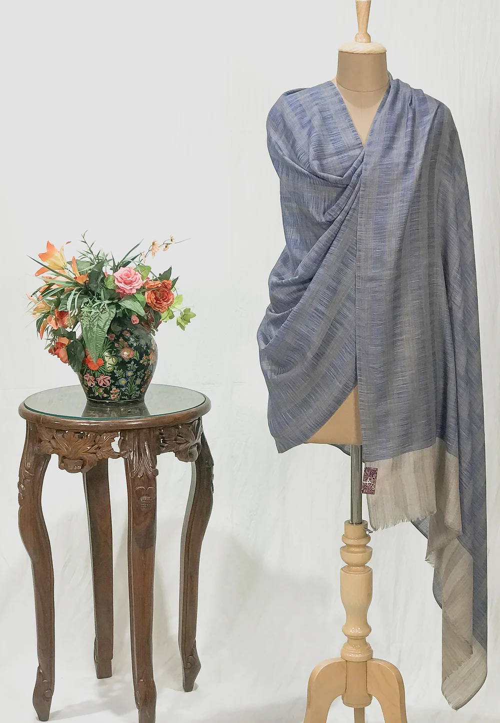Natural and Blue Space Dye Pure Pashmina Shawl Natural and Blue Space Dye Pure Pashmina Shawl