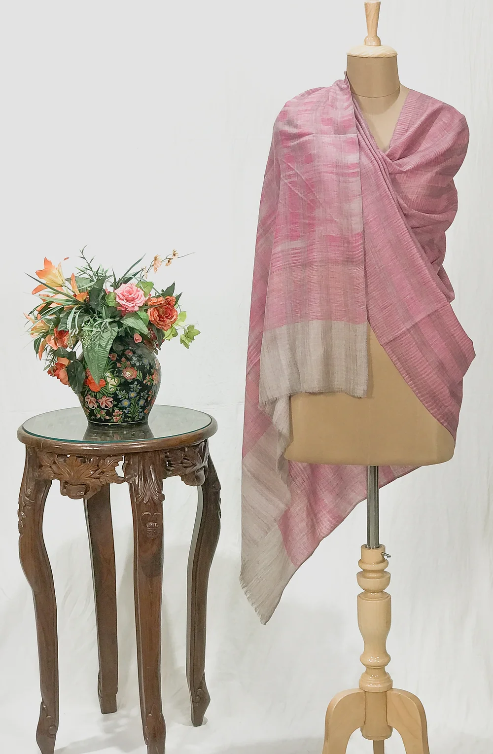 Natural and Pink Space Dye Pure Pashmina Shawl Natural and Pink Space Dye Pure Pashmina Shawl
