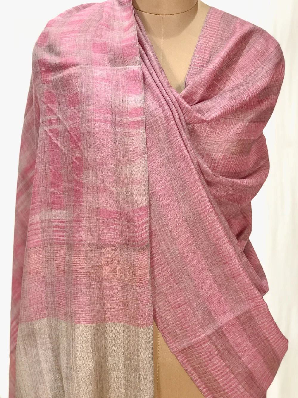 Natural and Pink Space Dye Pure Pashmina Shawl front Natural and Pink Space Dye Pure Pashmina Shawl front