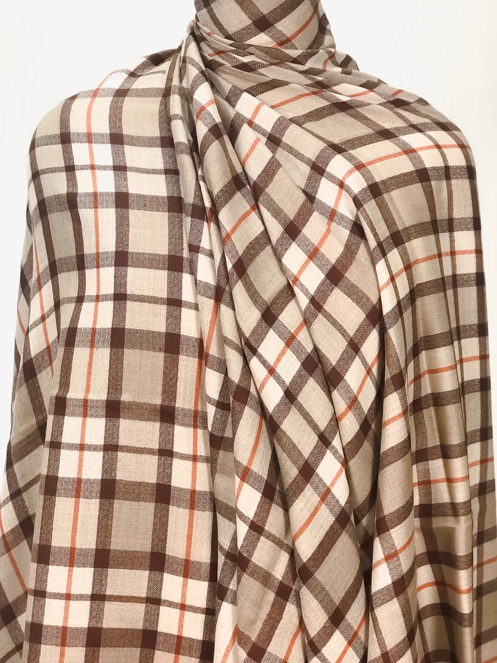 Beige Diamond Weaved Pure Pashmina Shawl with Multi-Colour Checkered Design front