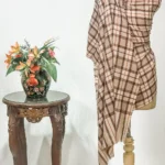 Beige Diamond Weaved Pure Pashmina Shawl with Multi-Colour Checkered Design