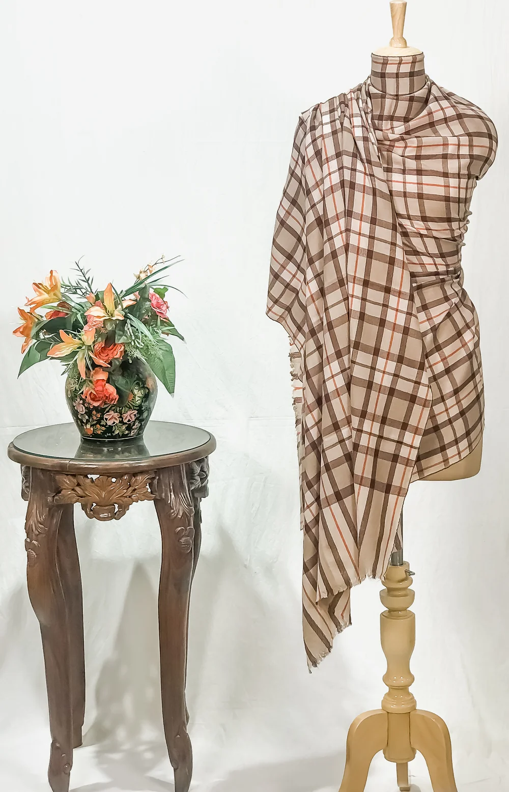 Beige Diamond Weaved Pure Pashmina Shawl with Multi-Colour Checkered Design