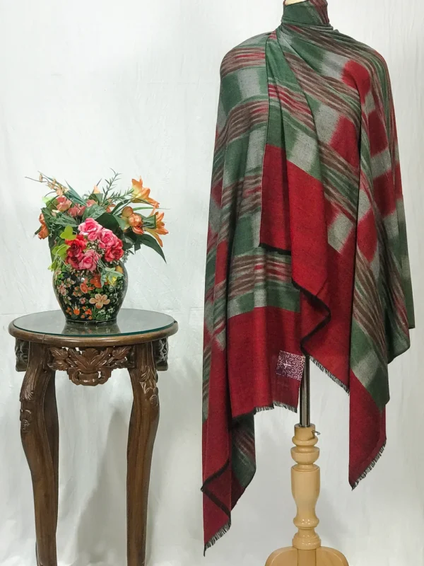 Green and Maroon Ikat Pure Pashmina Shawl