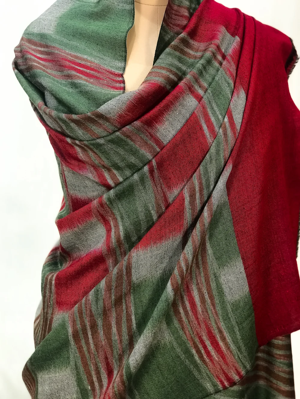 Green and Maroon Ikat Pure Pashmina Shawl front