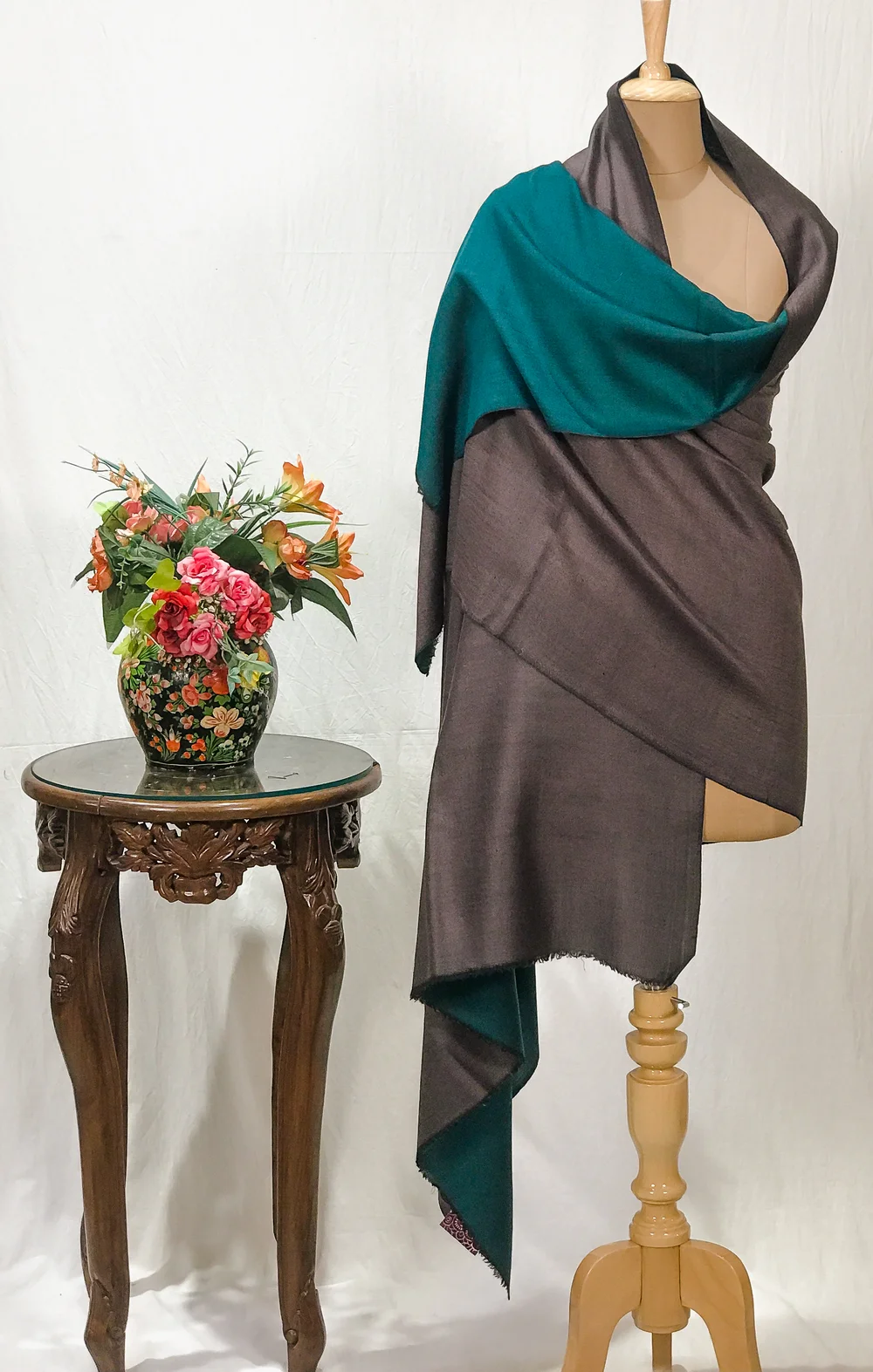 Grey and Peacock Green Reversible Pure Pashmina Shawl