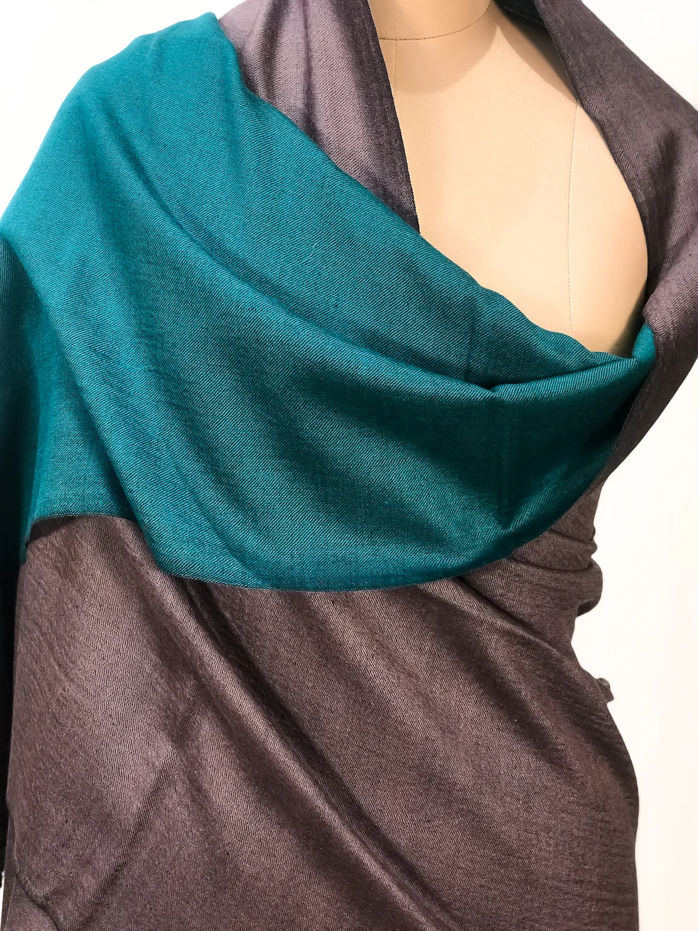 Grey and Peacock Green Reversible Pure Pashmina Shawl front