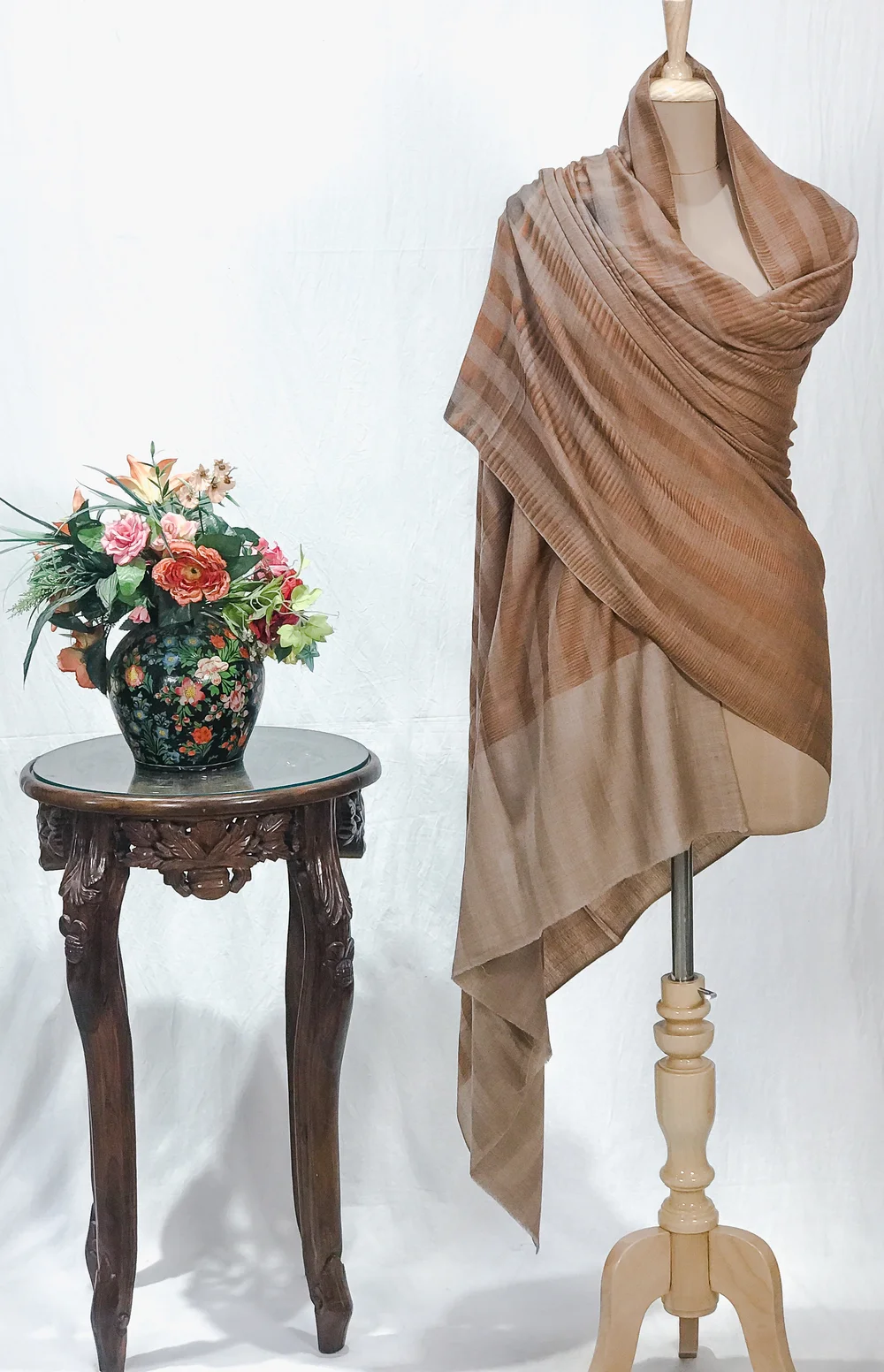Beige Striped Space Dye Pure Pashmina Shawl Beige Striped Space Dye Pure Pashmina Shawl
