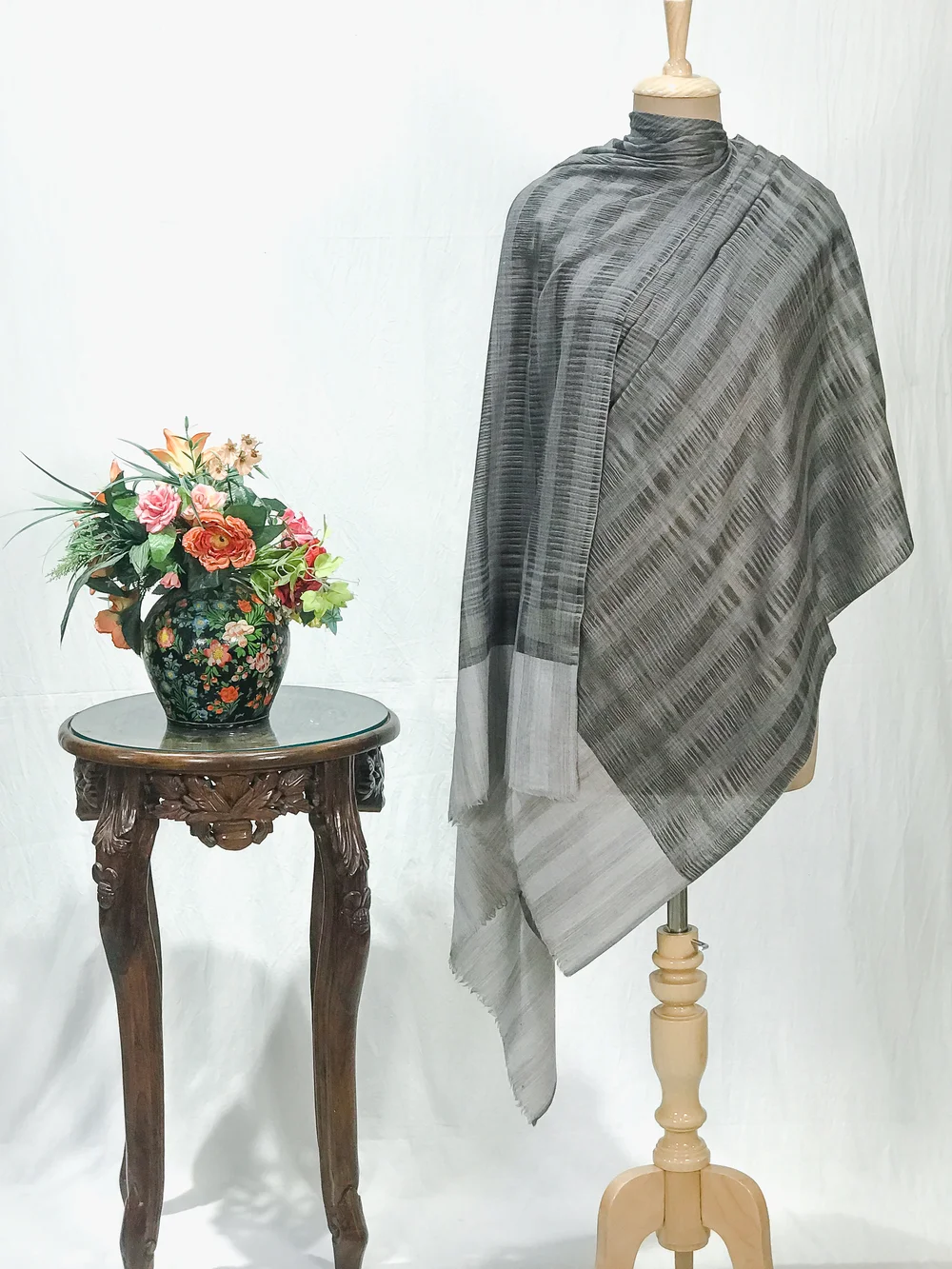Grey Striped Space Dye Pure Pashmina Shawl Grey Striped Space Dye Pure Pashmina Shawl