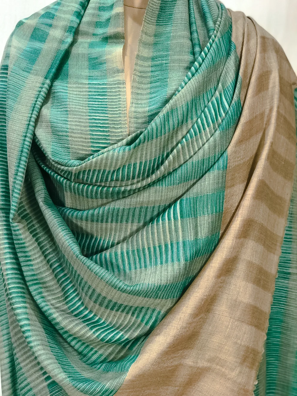 Jade Green Striped Space Dye Pure Pashmina Shawl front Jade Green Striped Space Dye Pure Pashmina Shawl front