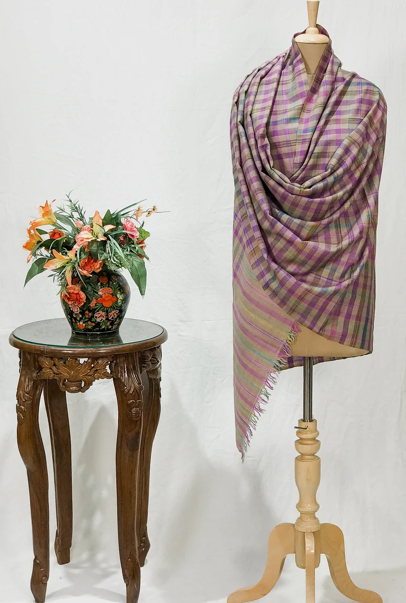 Natural Beige Pure Pashmina Multi-Colour Checkered Pattern Shawl